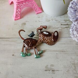 New 2" Brown Puppy Dog Brooch/Pin w/Bird Cute, Fun, Funky, Funny